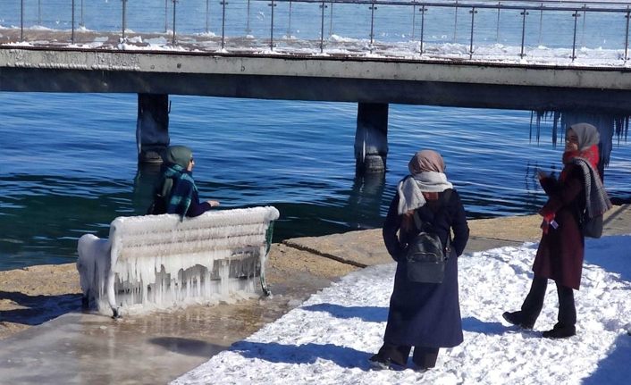 Van'da etkili olan dondurucu soğuktan sahildeki banklar buzla kaplandı | Van haber