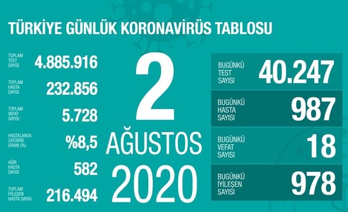 Ülkemizde 2 Ağustos 2020 günü koronavirüs