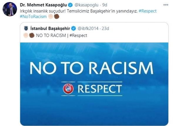 Bakan Kasapoğlu: "Irkçılık insanlık suçudur! Temsilcimiz Başakşehir’in yanındayız"