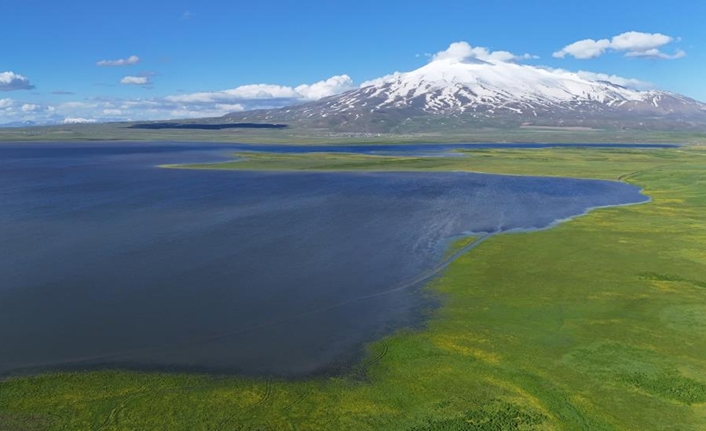 Bitlis’teki Cil Gölü, karlı Süphan Dağı ile oluşturduğu eşsiz manzarayla